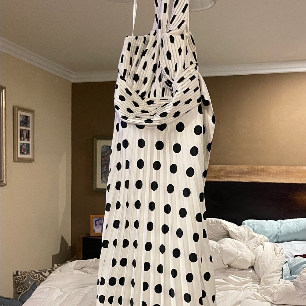 Black and White Polka Dot silk halter dress pleated